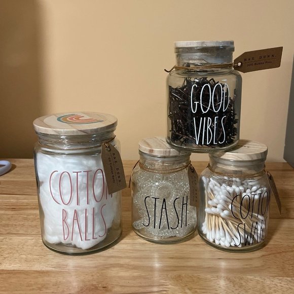 Rae Dunn Accessories Rae Dunn Bathroom Jar Set Qtips Ponytail